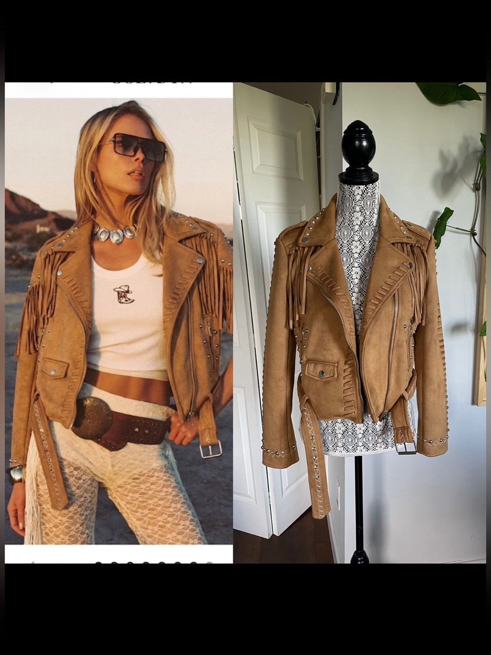 New Zara Camel Western Boho Chic Suede Fringe Beaded Moto Jacket. Pockets. Small